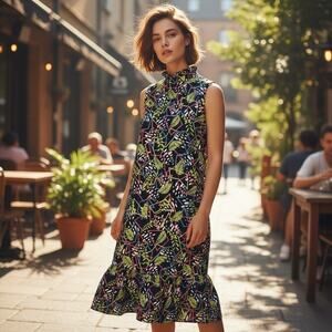 THML Dress S Blue Green Floral Geo Sleeveless Ruffle Neck Peplum Hem Boho‎ Chic